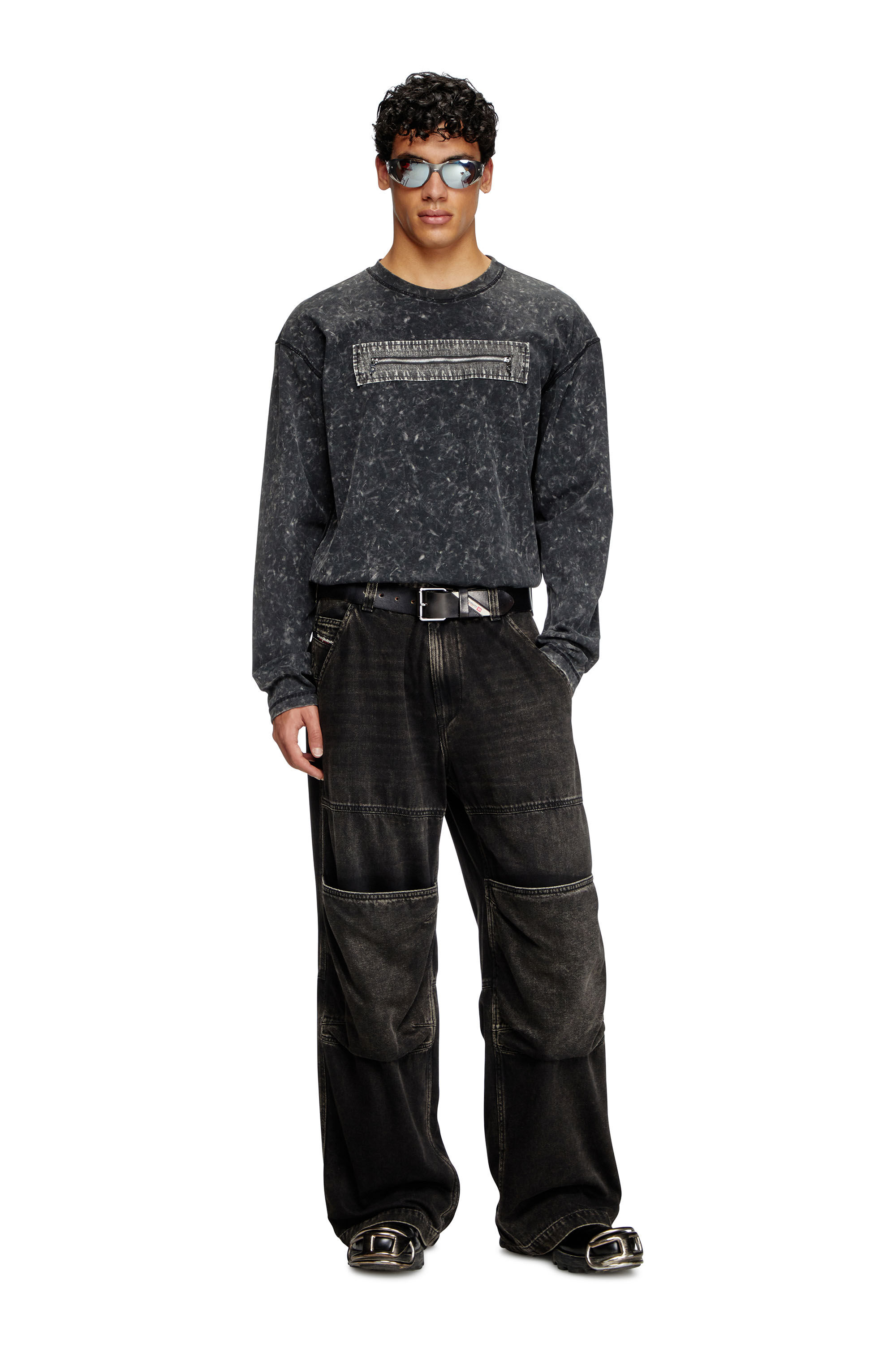 Diesel - T-AUSER, Top effet marbré avec cut-outs zippés Homme in Noir - 1