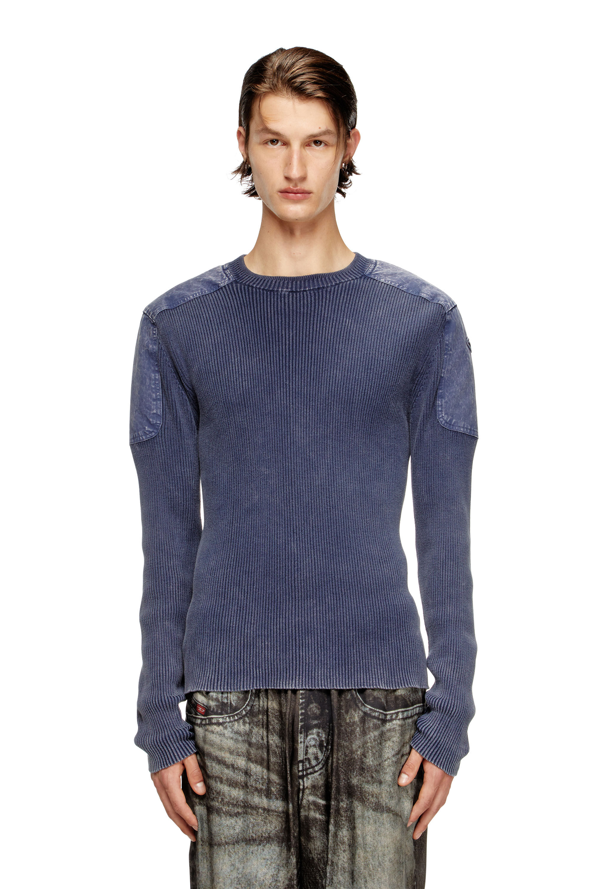 Diesel - K-MARTIN, Pull avec empiècements en denim sur les épaules Homme in Bleu - 3