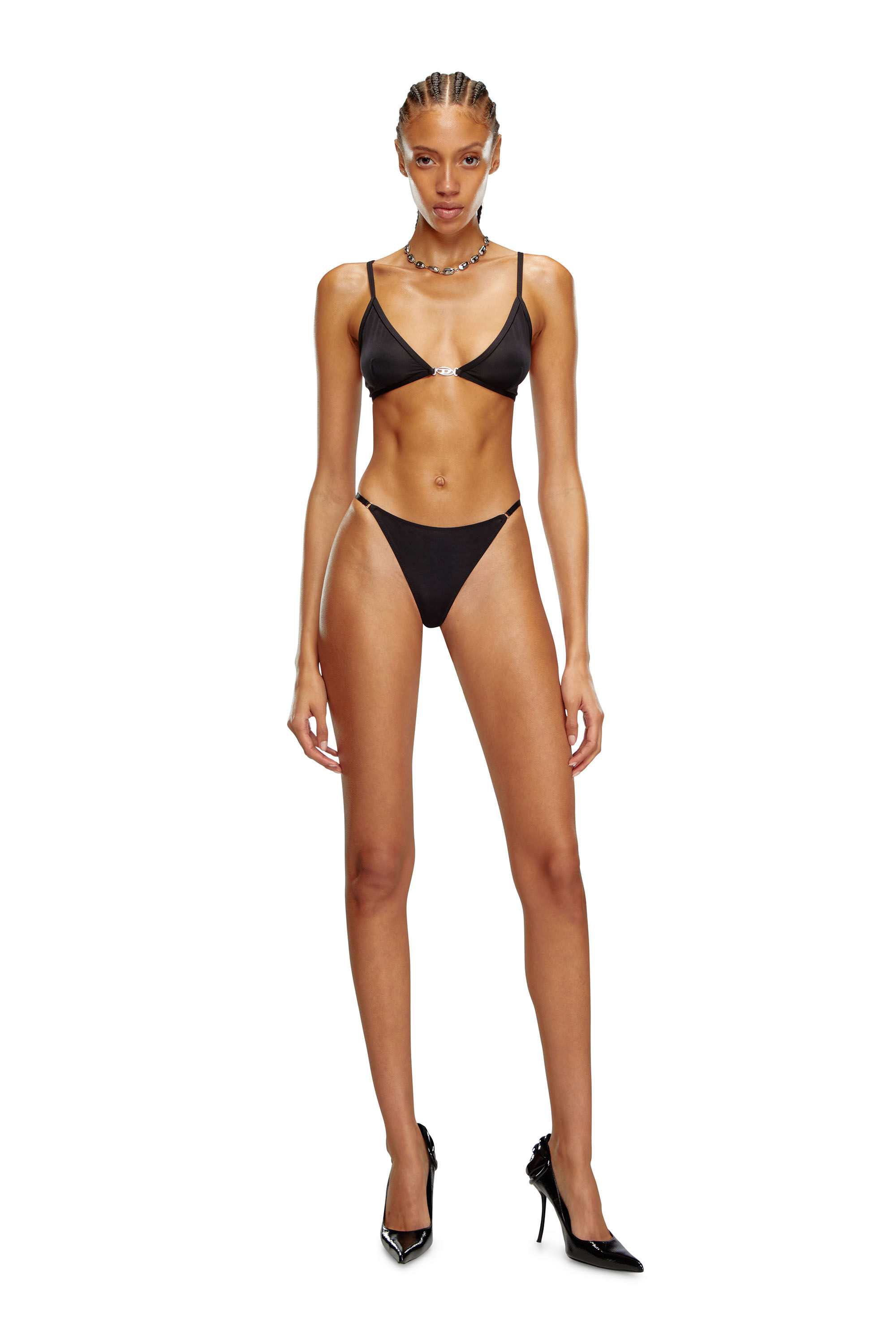 Diesel - UFST-OVAL-D-STRING, String en microfibre avec plaque Oval D Femme in Noir - 1