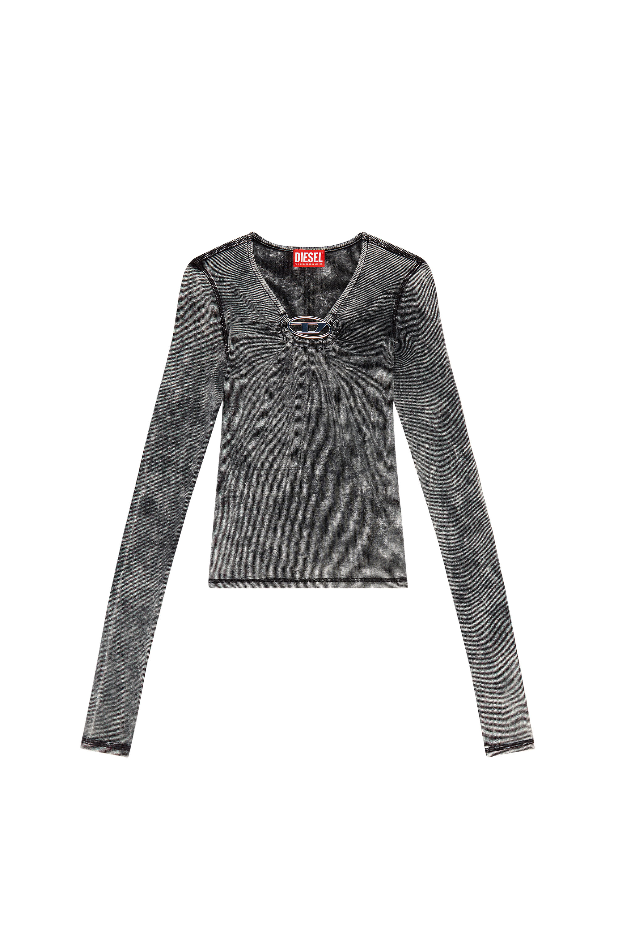 Diesel - T-RESPEC-LS, Top côtelé avec plaque oval D Femme in Gris - 3