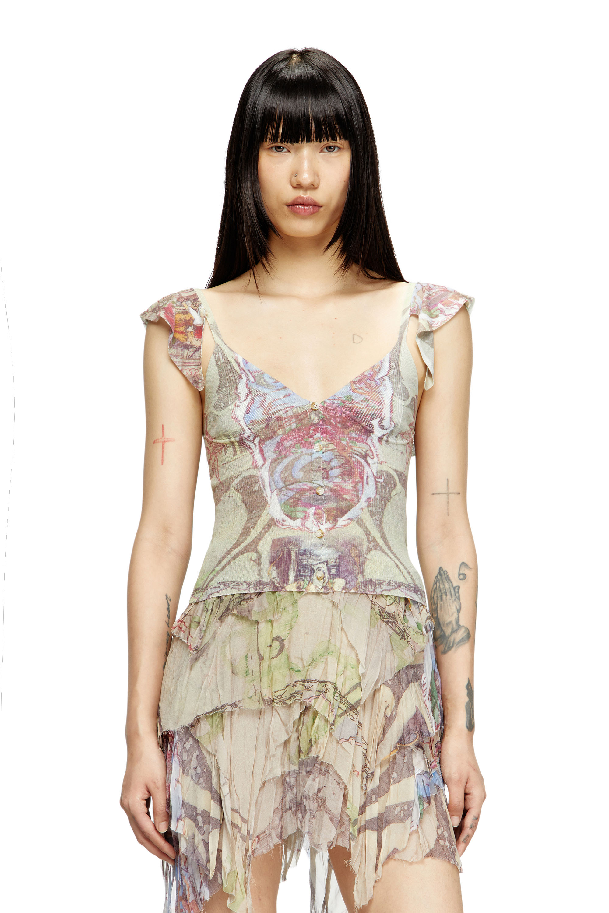 Diesel - M-FIORE, Haut en maille à épaules à volants avec imprimé médiéval Femme in Beige - 1