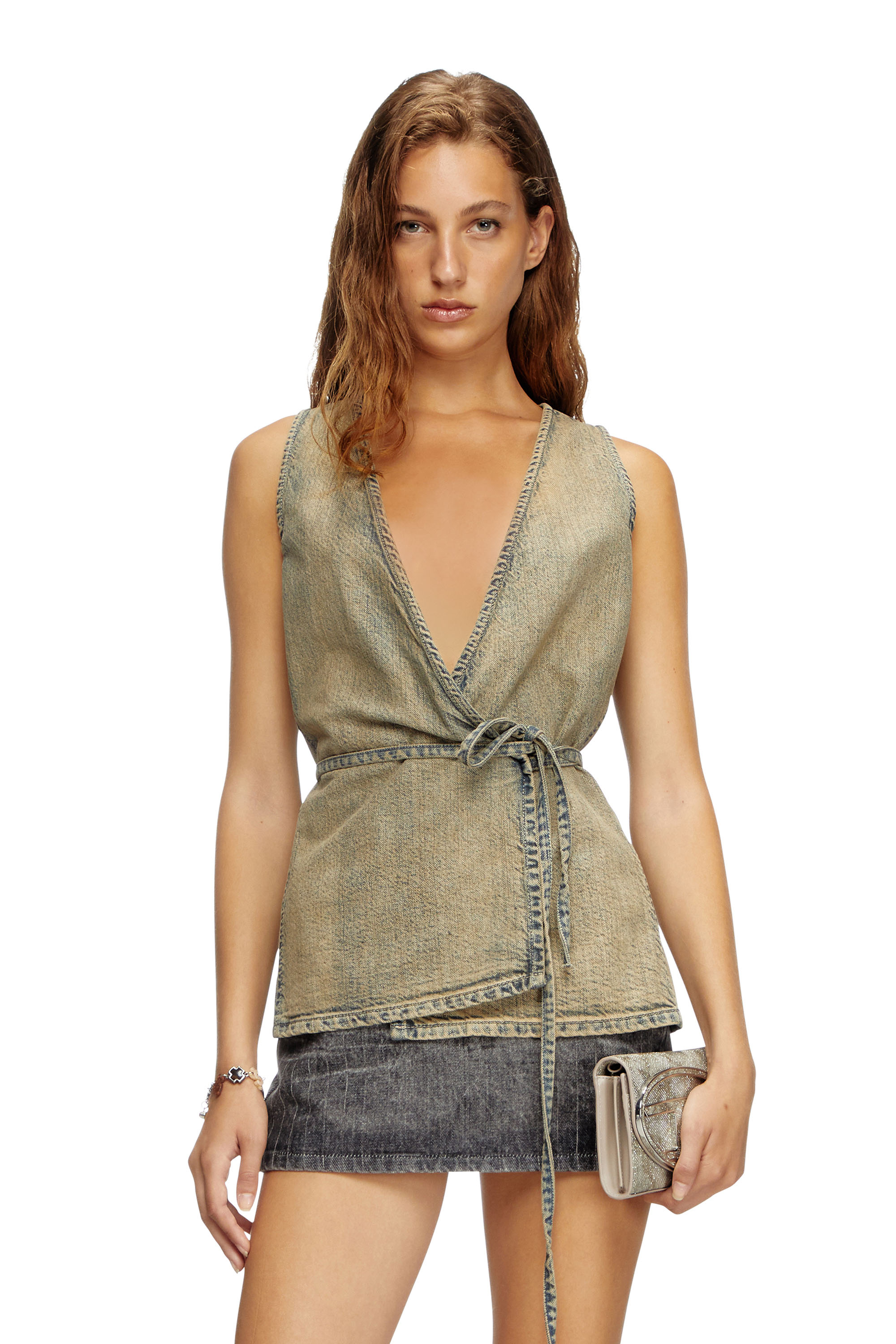 Diesel - DE-VERN, Top portefeuille en denim brossé doré Femme in Bleu - 1