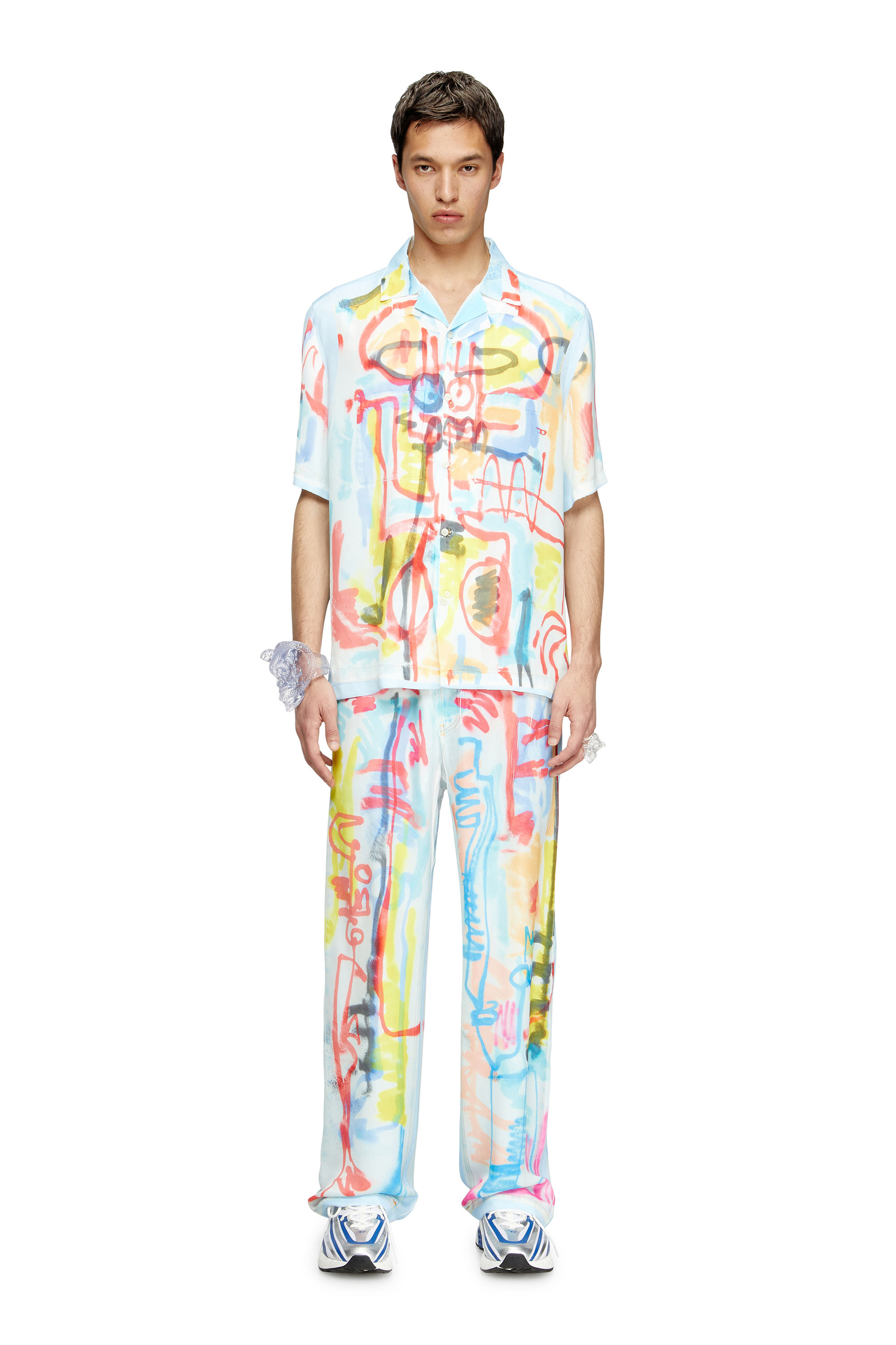 Diesel - C-PAROSHORT-GRAFFITI-AFR, Chemise bowling en satin avec imprimé graffiti Mixte in Bleu - 1